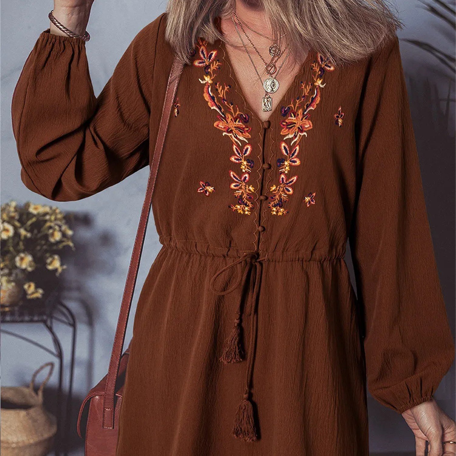 Burgundy Floral Embroidered Tassel Tie Waist Long Sleeve Mini Dress