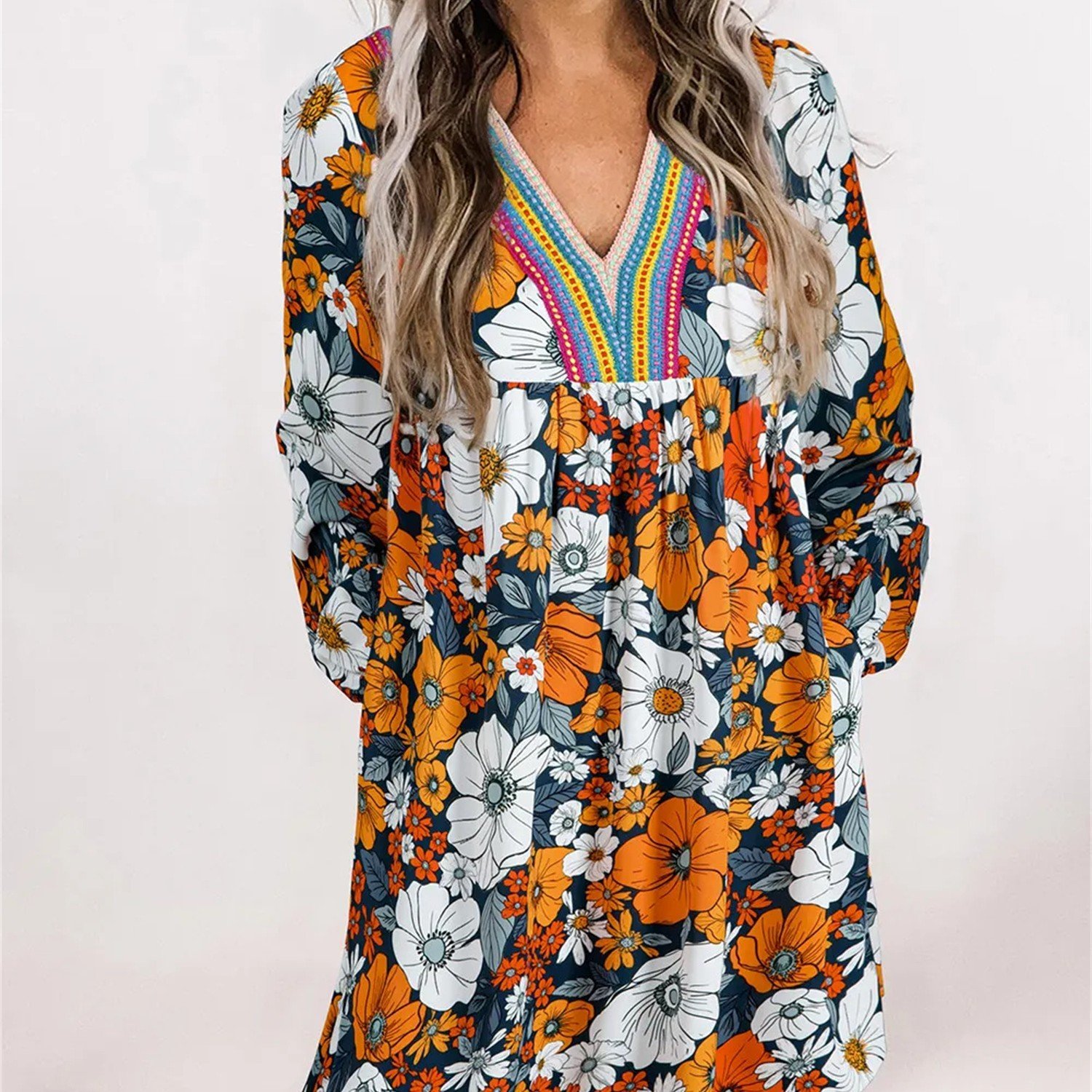 Orange Floral Print Striped Lace V Neck Long Sleeve Mini Dress
